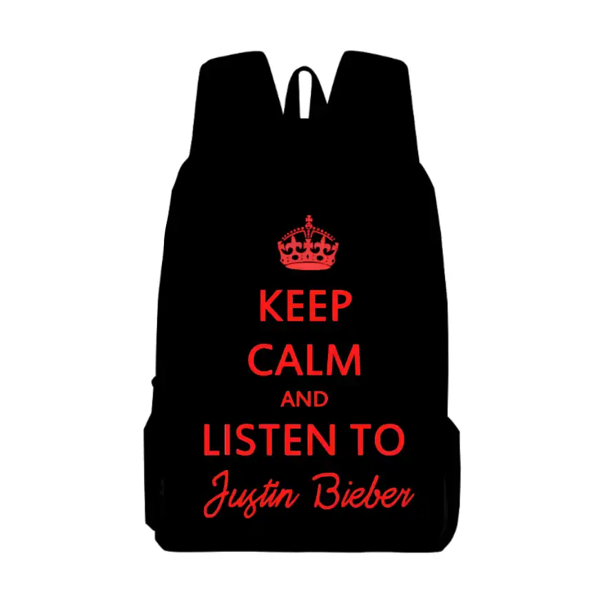 Keep calm backpack with Justin Bieber swag merch design, bold red text, crown graphic, and trendy style, perfect for fans to showcase their love for Justin Bieber and his merchandise.