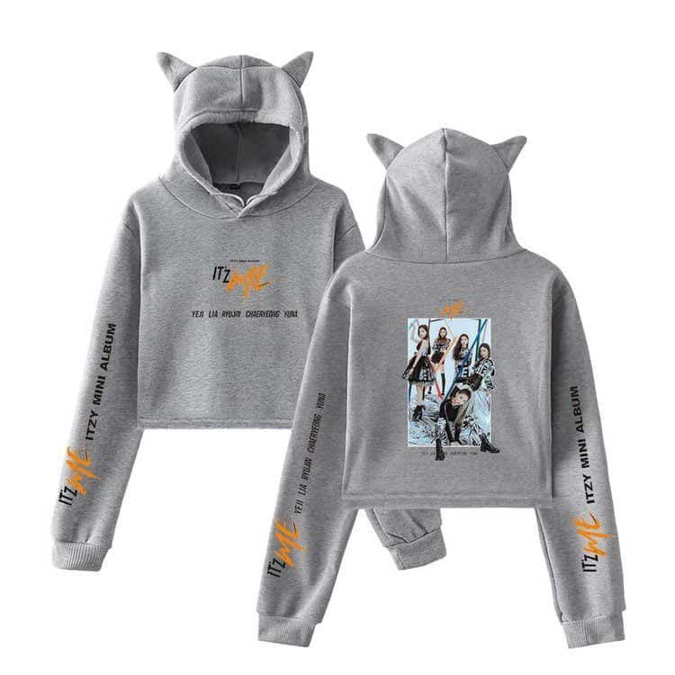 Gray hoodie and sweatpants set featuring a picture of girl group, styled with "Justin Bieber swag merch" theme, perfect for fans of pop music and trendy streetwear.