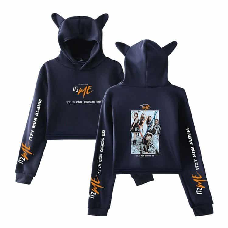 Black hoodie with "It's ME" text and a photo of girl group Itzy, featuring bear ears on the hood, perfect for Justin Bieber swag merchandise fans.