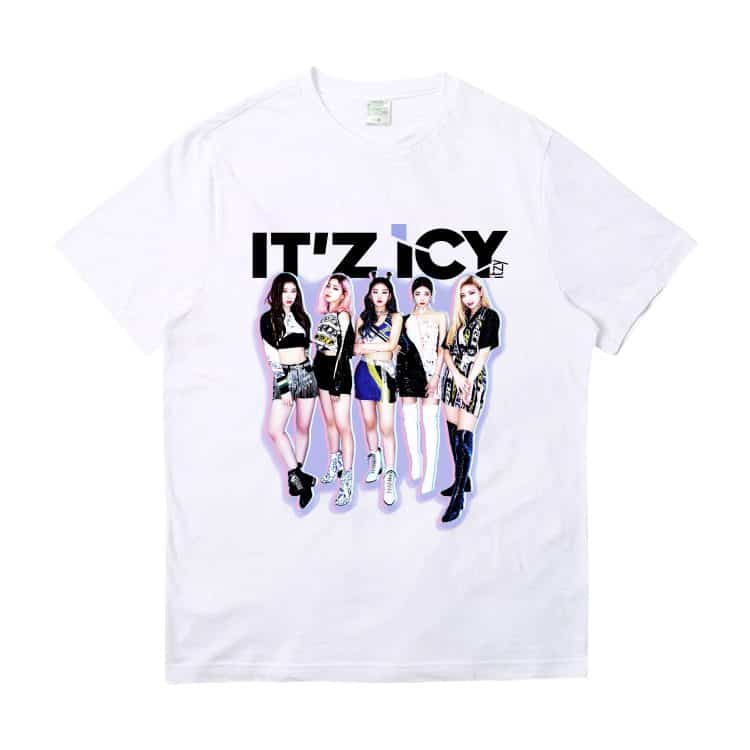 ITZ Icy girl group merchandise t-shirt with bold text and vibrant image design featuring five fashionable women, perfect for Justin Bieber swag and trendy fans.