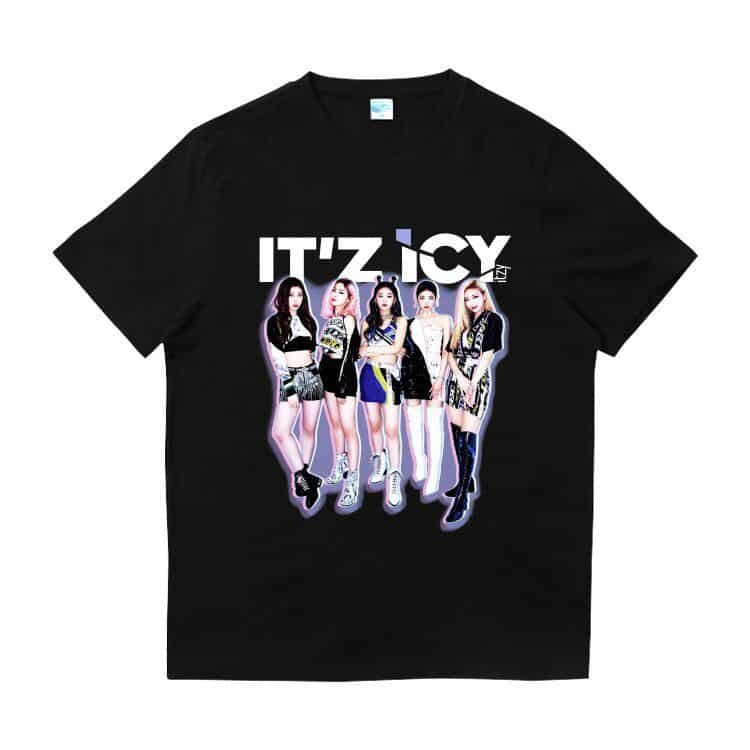 Justin Bieber swag merch t-shirt featuring the girl group ITZY with vibrant, trendy design. Perfect for fans of K-pop fashion and Justin Bieber styles. High-quality, comfortable material.