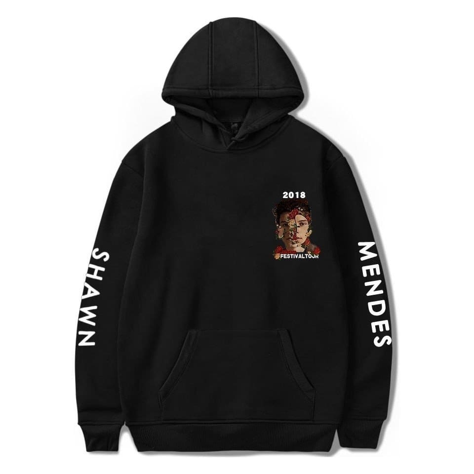 Black hoodie with Justin Bieber swag graphic, "2018" and "Festival Tour" text, and bold white lettering "SHAYS WN" and "MEN DES" on sleeves, showcasing trendy merchandise style.