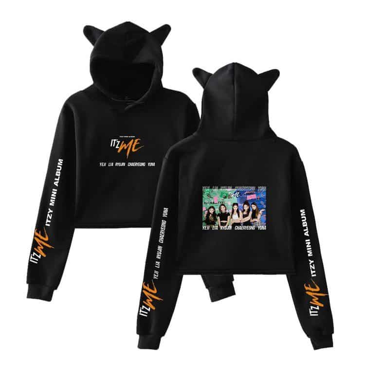Itzy me merch hoodie featuring Justin Bieber swag style in black with colorful graphic and text, playful and trendy youth fashion.