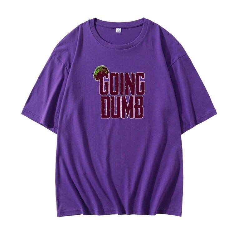 Going dumb purple t-shirt with graffiti-style graphic and playful phrase, perfect for Justin Bieber swag merch fans.