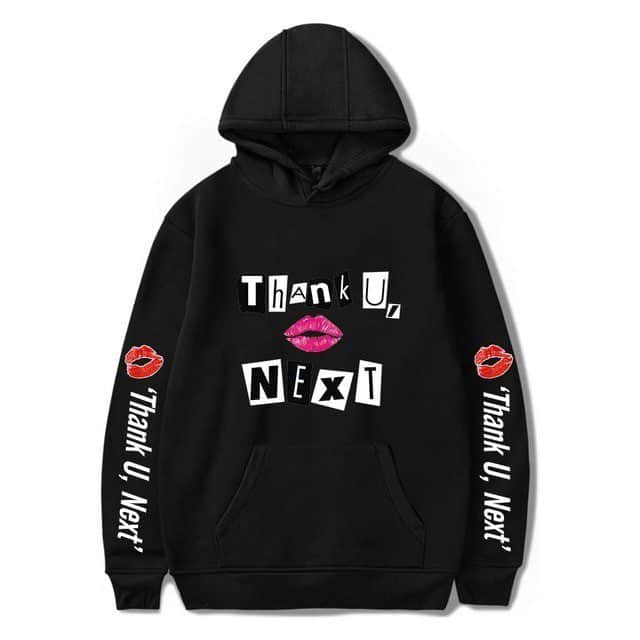 Thank U, Next hoodie with bold text and lips graphics, popular among Justin Bieber swag merch fans.