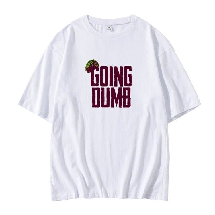Going dumb graphic t-shirt with a brain and text design, inspired by Justin Bieber swag merch, trendy and casual streetwear style for fans and fashion enthusiasts.