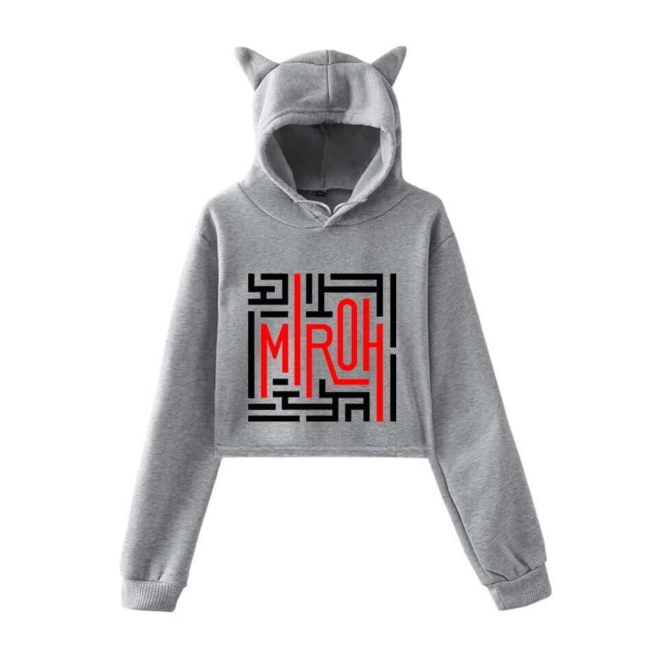 Soft gray hoodie featuring Justin Bieber-themed swag design with a stylish "MROH" graphic and cat ears on the hood. Perfect for fans of Justin Bieber's merchandise collection.