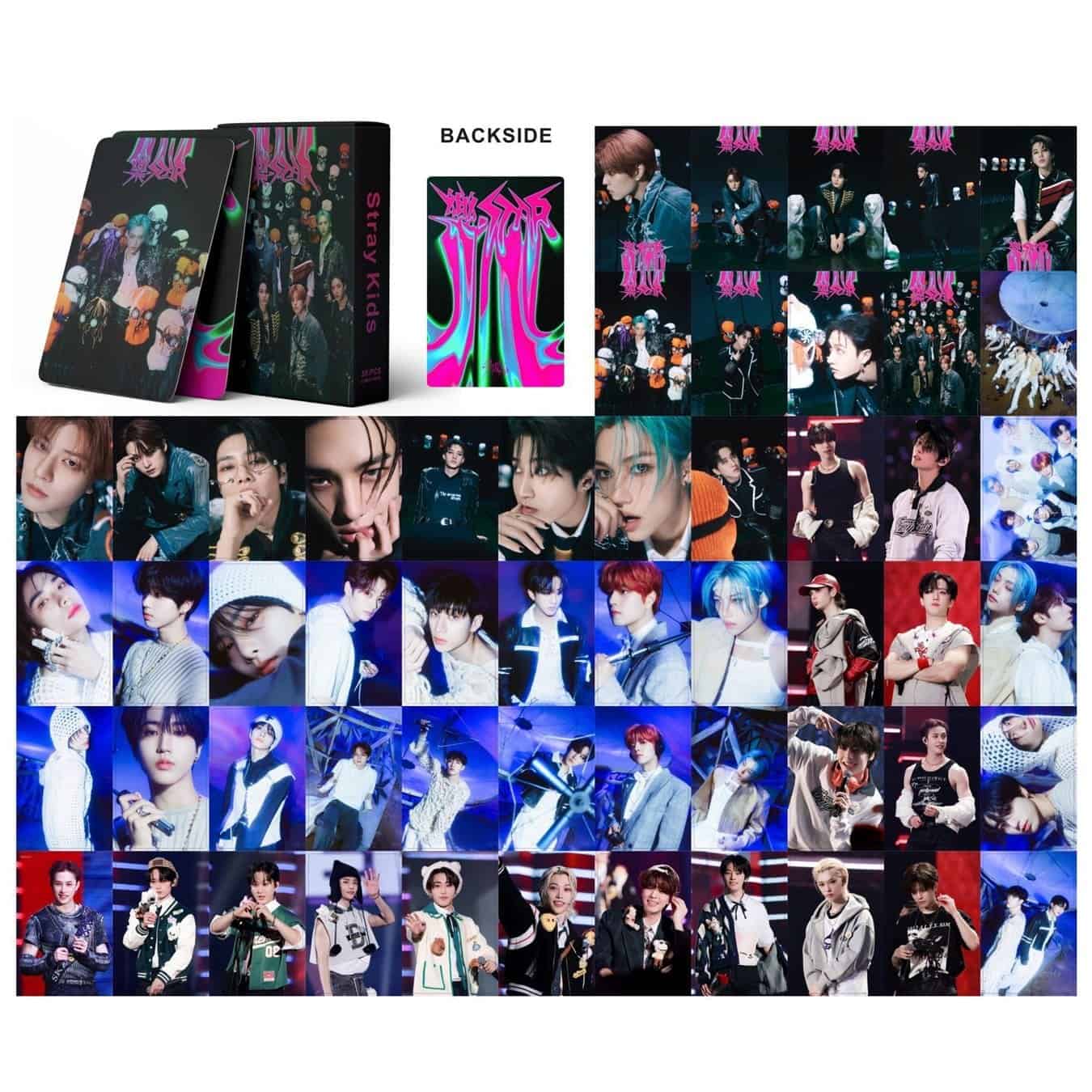 Justin Bieber swag merch with images of the K-pop group Stray Kids promoting their latest album and merchandise collection. The collage features group photos, individual members, and behind-the-scenes moments showcasing vibrant, stylish apparel and accessories.