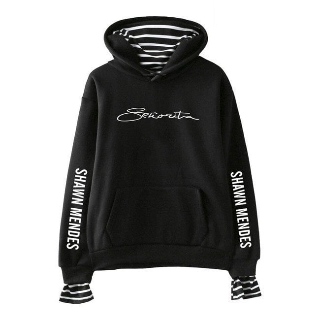 Black hoodie with "Favorite" script on front, contrasting striped cuffs, and "Shawn Mendes" printed on sleeves; perfect for fans of Justin Bieber swag merchandise.