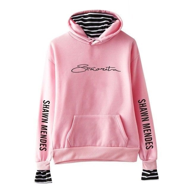 Pink hoodie with "Favorite" script, "Shawn Mendes" printed on sleeves, and striped black-and-white cuffs and lining, embodying stylish Justin Bieber-inspired swag merch.