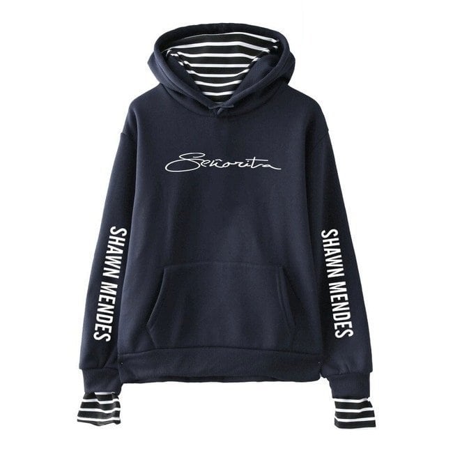 Justin Bieber swag merch hoodie with "Favorita" script and Shawn Mendes printed on sleeves, featuring striped cuffs and a cozy front pocket, perfect for fans of stylish, celebrity-inspired streetwear.