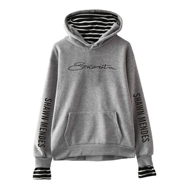 Comfy grey hoodie with "Seventeen" embroidery and "Shawn Mendes" printed on sleeves, featuring a striped lining on the hood and cuffs, blending casual streetwear with Justin Bieber swag merch style.
