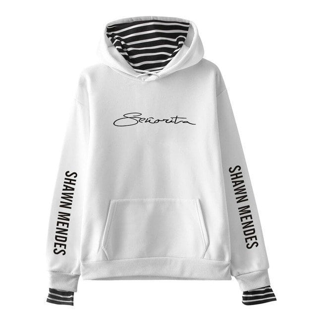 Stylish white hoodie featuring "Sororita" script, black "Shawn Mendes" text on sleeves, striped inner lining on hood, perfect for Justin Bieber swag merch fans.
