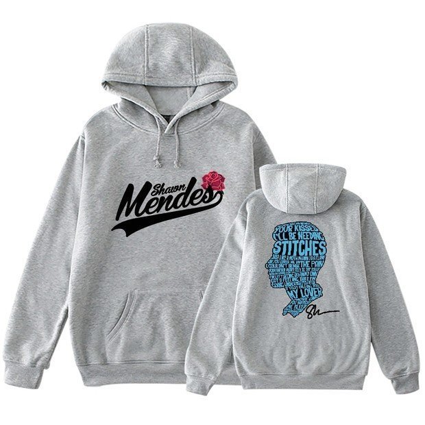 Shawn Mendes hoodie featuring his name and a pink rose on the front, and a blue silhouette silhouette with text and signature on the back, inspired by Justin Bieber swag merch.