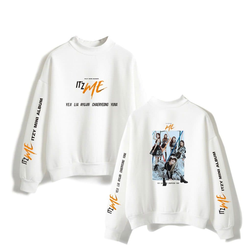 White Justin Bieber swag-themed sweatshirt with bold text and images of the group ITZY, perfect for fans of K-pop and Justin Bieber merchandise.