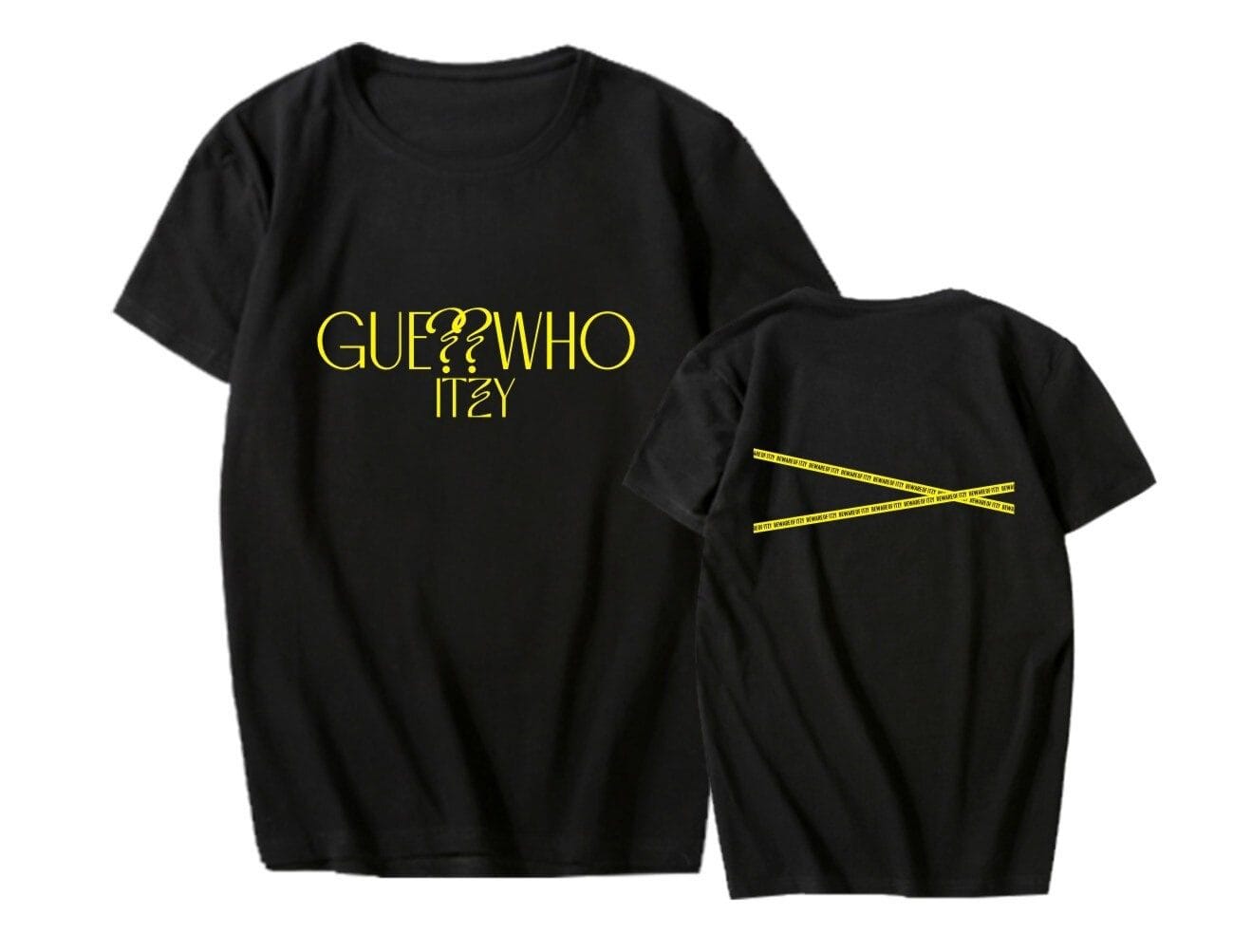 GUE??WHO ITZY black graphic t-shirt with yellow text and zip tape design for Justin Bieber swag merch collection.