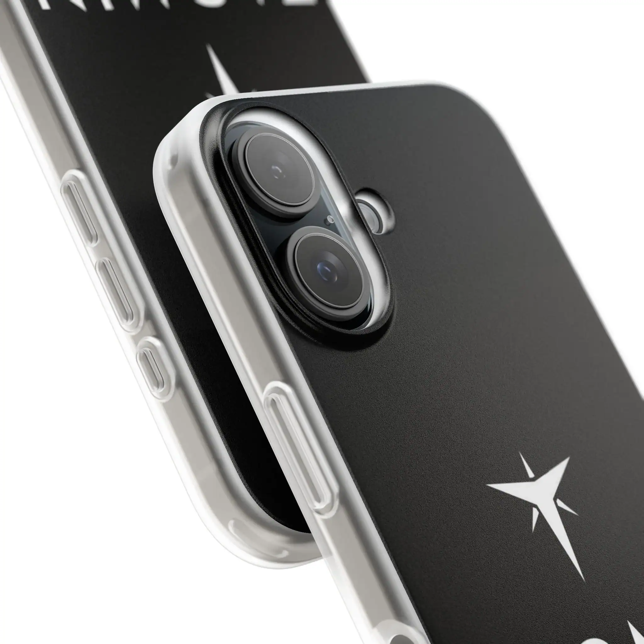 Iphone with Justin Bieber swag merch logo on the back, featuring a dual camera system, black matte finish, and sleek design.