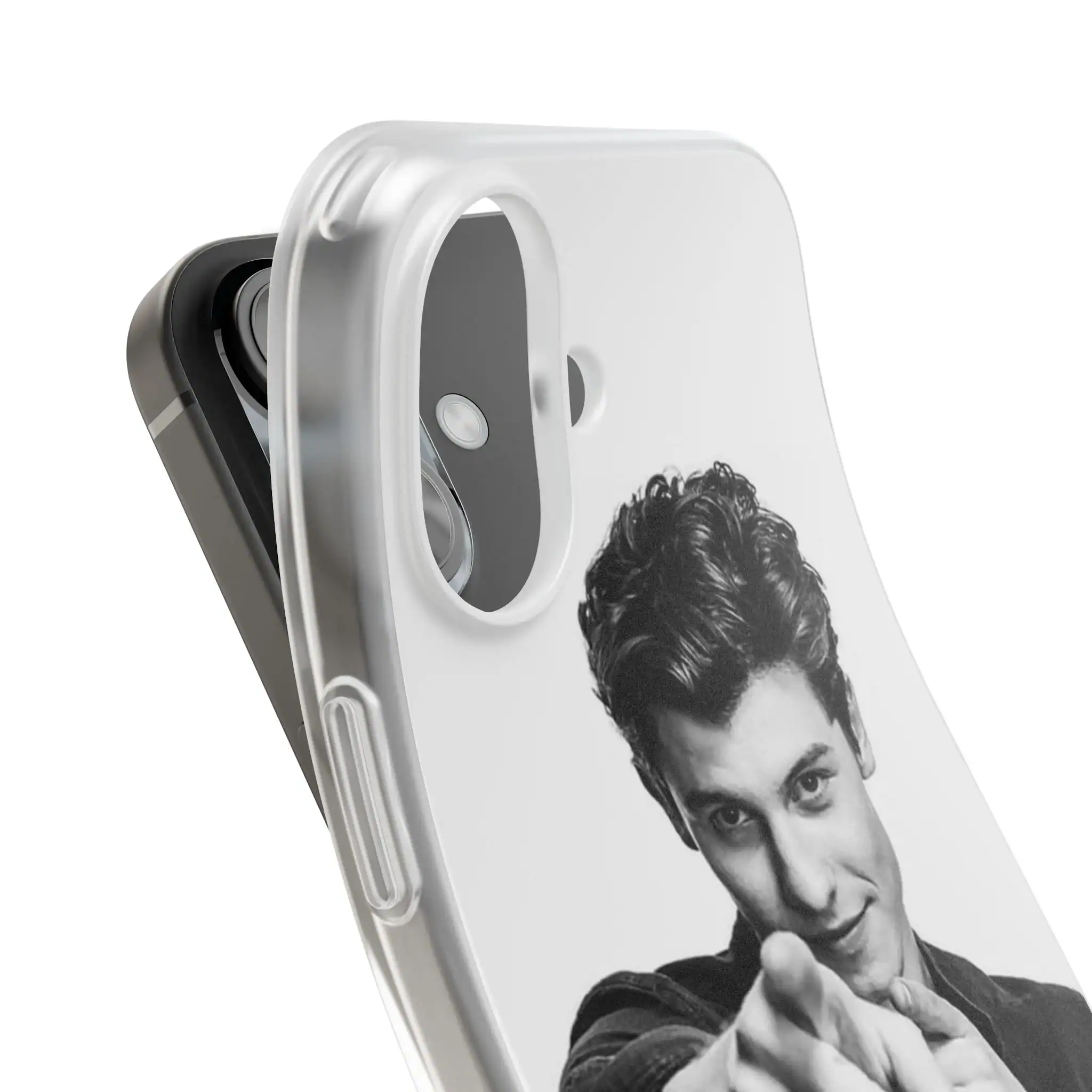 Justin Bieber swag merchandise logo on phone case, featuring a black and white photo of Justin Bieber making a gesture, ideal for fans and collectors.