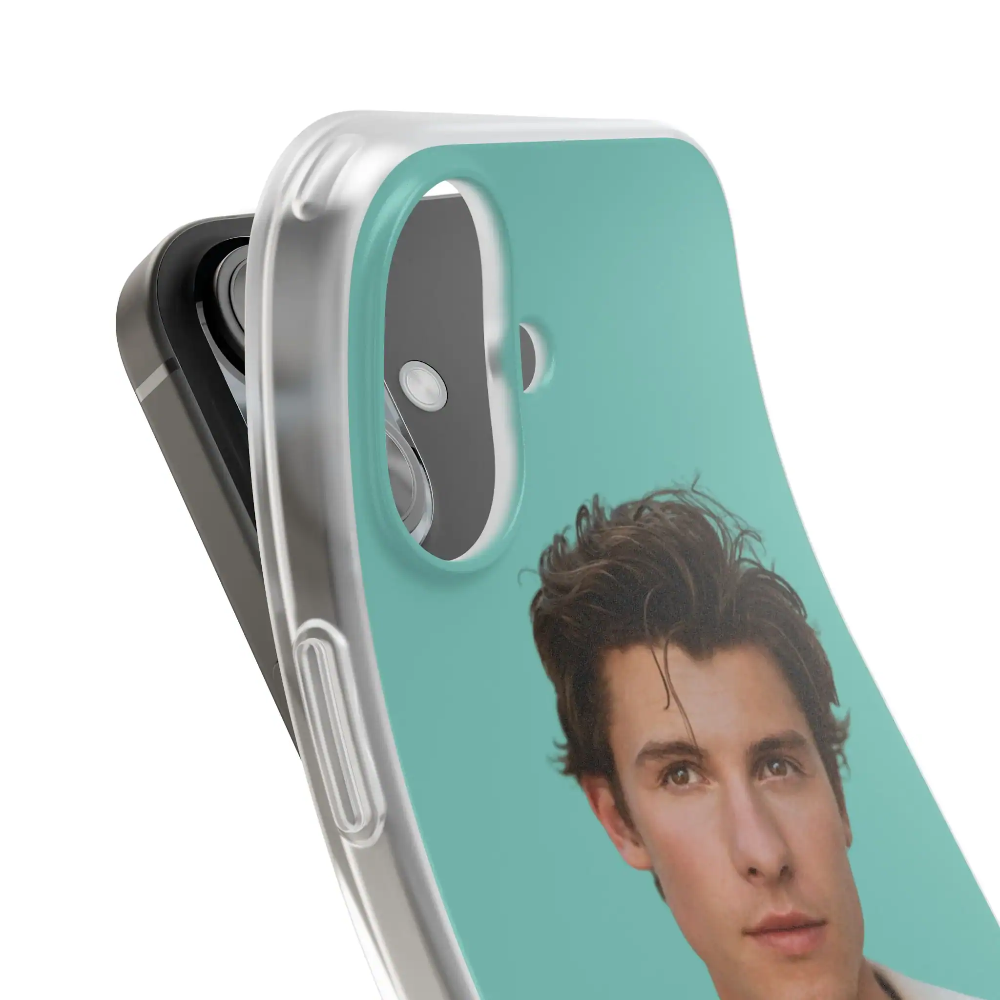 Justin Bieber swag merch phone case with a portrait of the singer on a mint green background. Perfect for fans looking to showcase their love for the pop icon and stay trendy with stylish accessories.