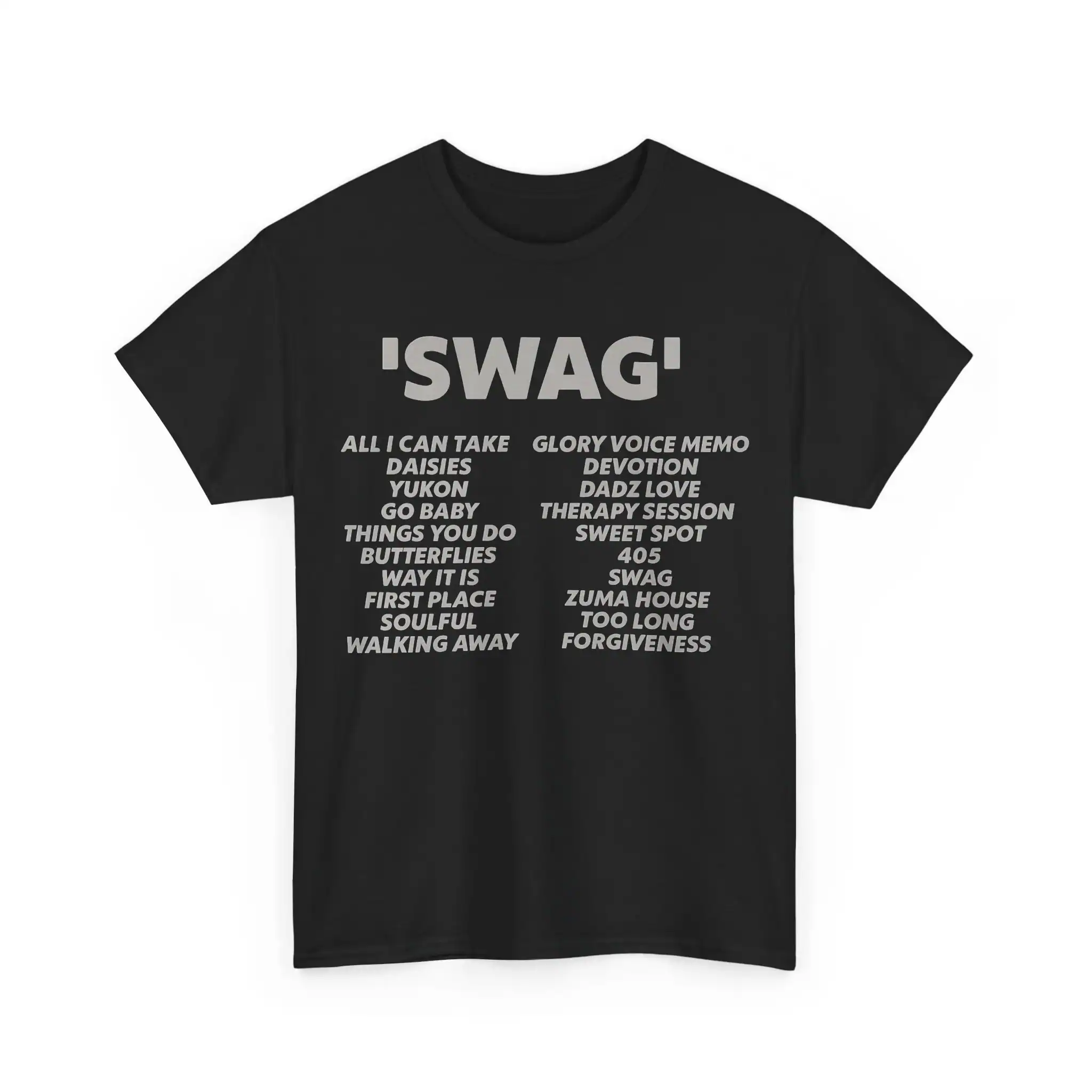 'Justin Bieber swag merch t-shirt with bold text design and list of popular song titles and phrases'.