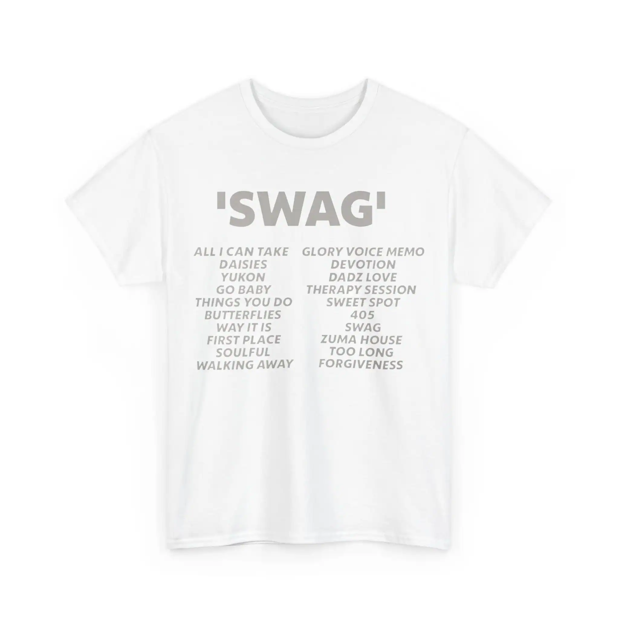 Vintage Justin Bieber 'Swag' merchandise T-shirt featuring popular song titles and themes, designed for fans of Justin Bieber's music and style. Perfect casual wear for pop music enthusiasts.
