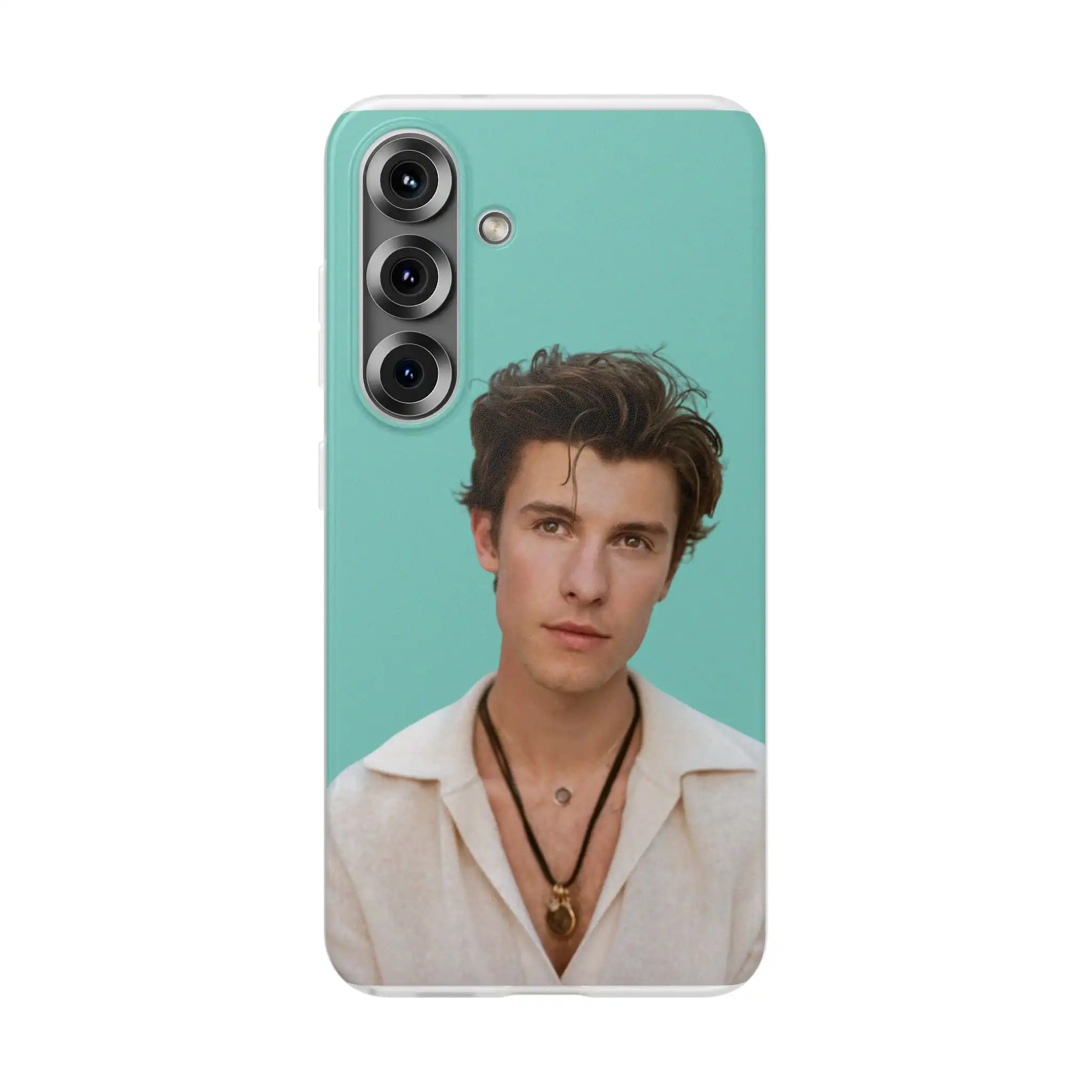 Bright turquoise phone case featuring a stylish Justin Bieber swag merchandise design with his portrait and fashionable accessories.
