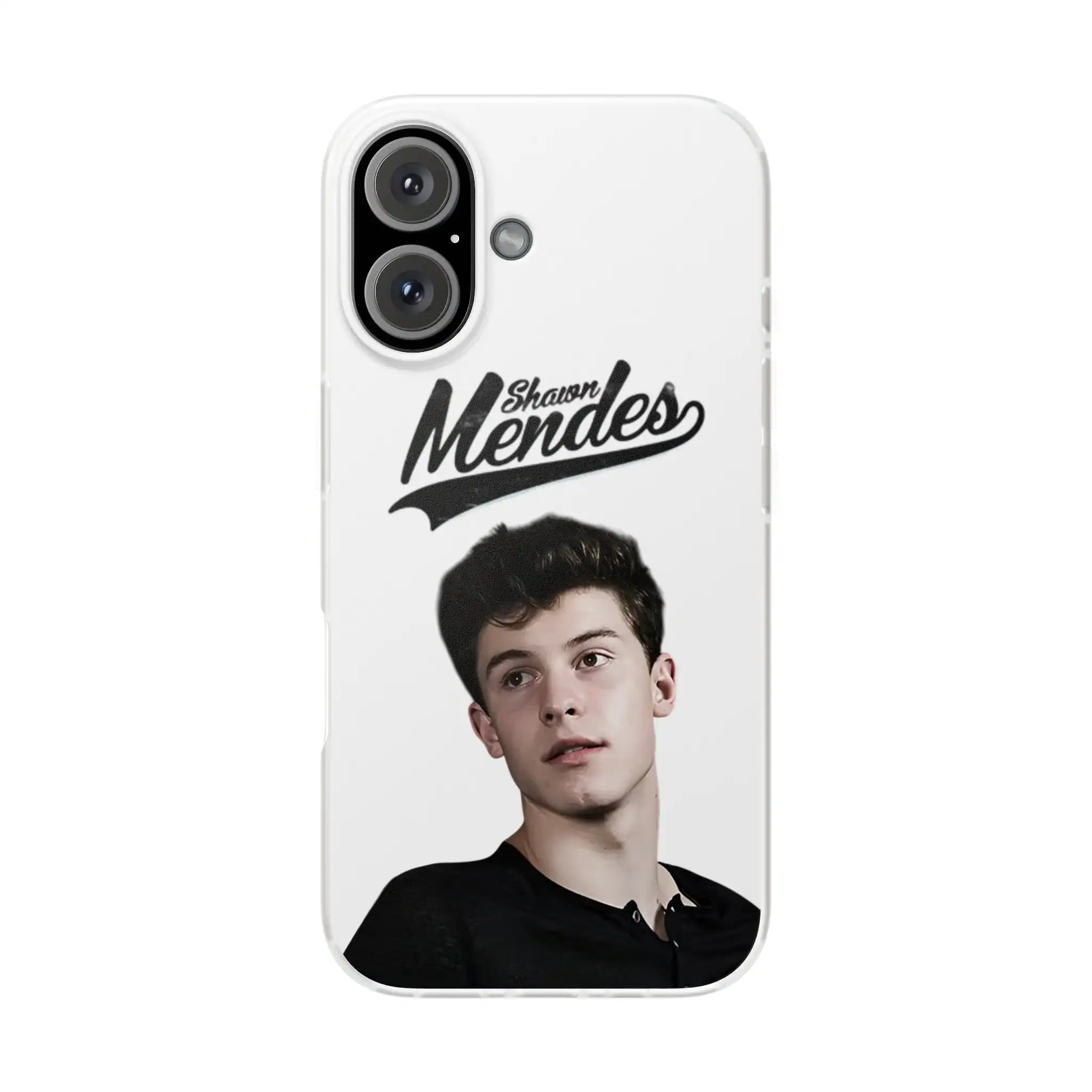 Justin Bieber swag merch phone case featuring an image of a young man with dark hair, along with "Shawn Mendes" handwritten style logo, perfect for fans of pop music and stylish accessories.