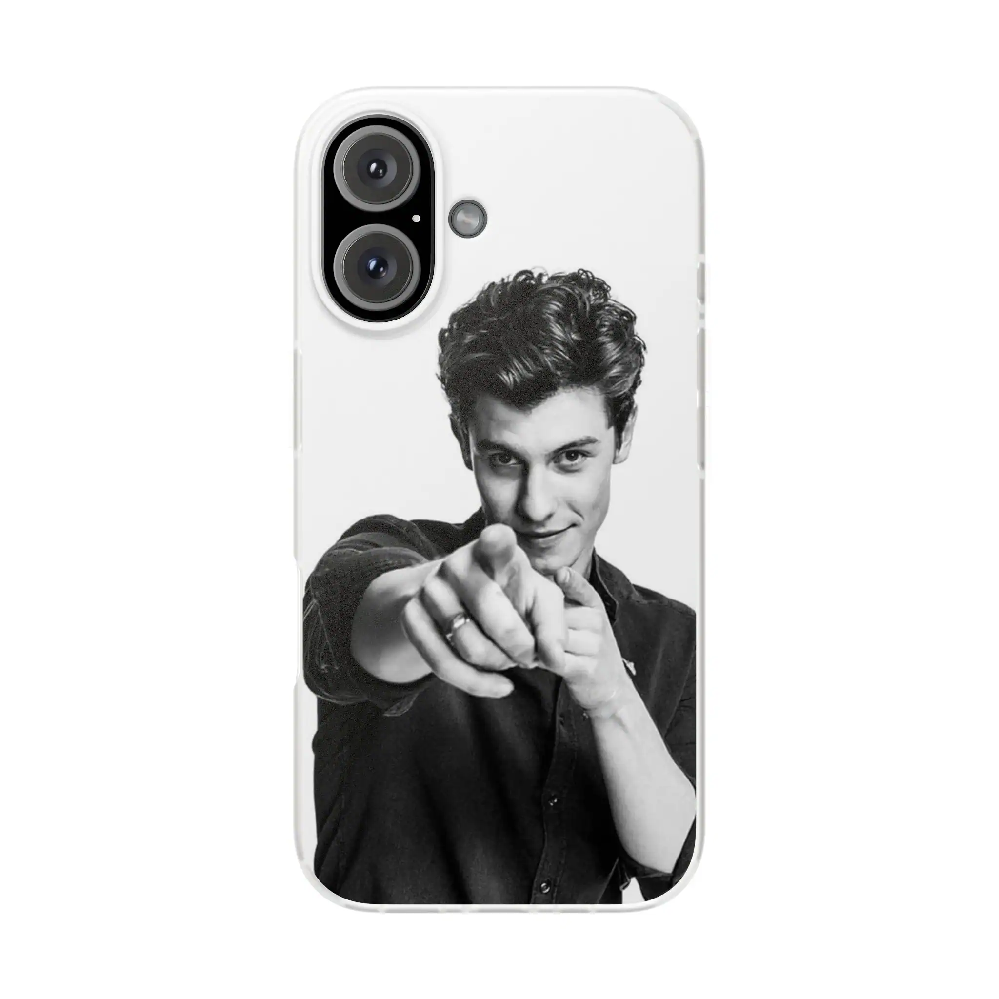 Justin Bieber swag merch phone case featuring a black and white photo of the pop star pointing towards the camera, perfect for fans to showcase their style and support.