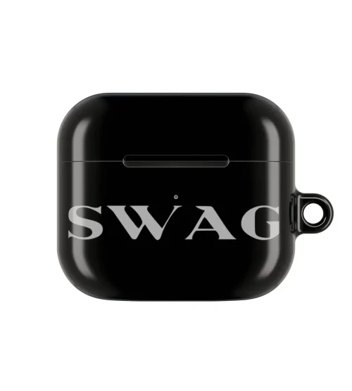Swag Justin Bieber AirPods case with bold black and white design featuring the word SWAG on the front.