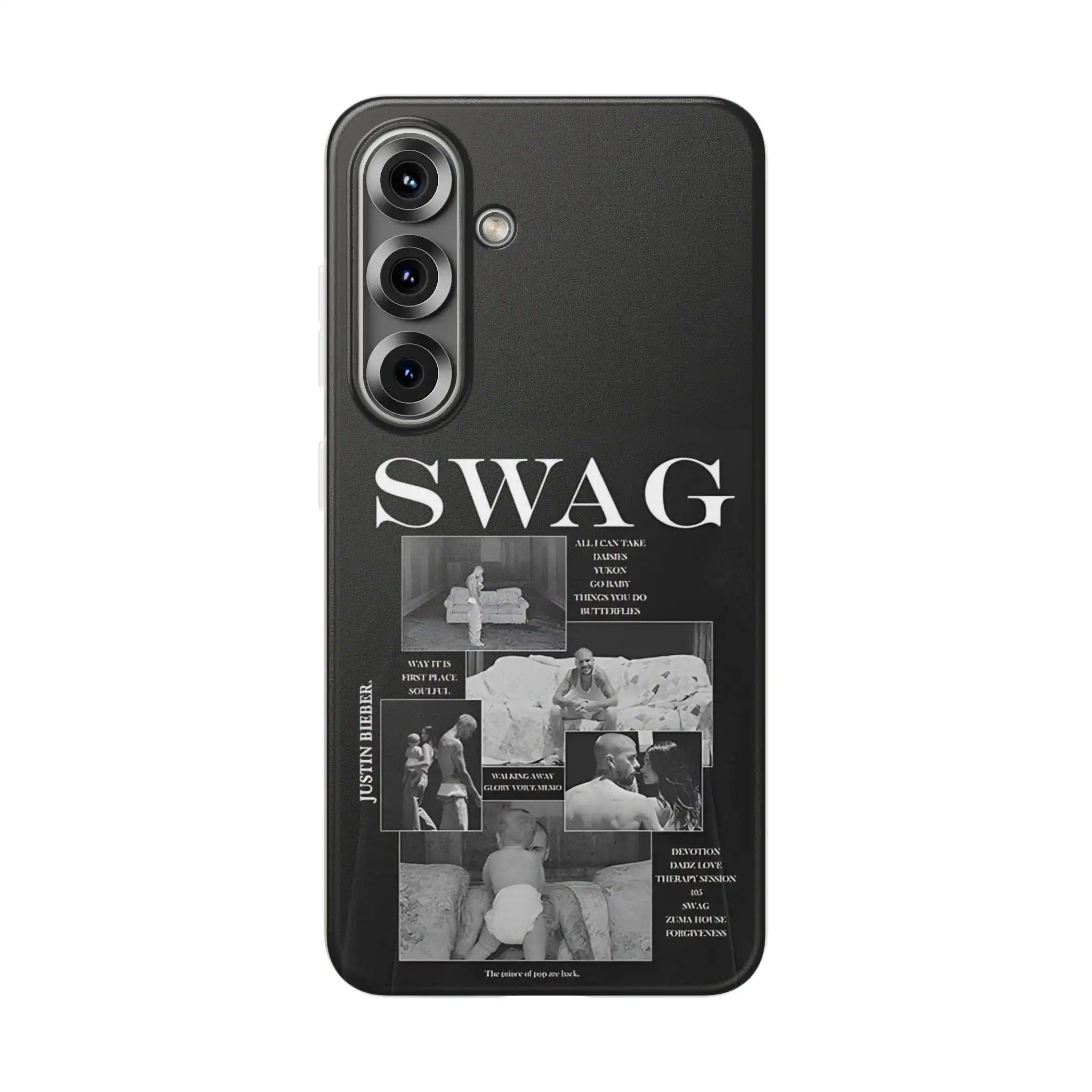 Justin Bieber swag merch phone case with black and white design, featuring photos and text related to Justin Bieber’s style and brand. Perfect for fans wanting to showcase their love for Bieber's swag.