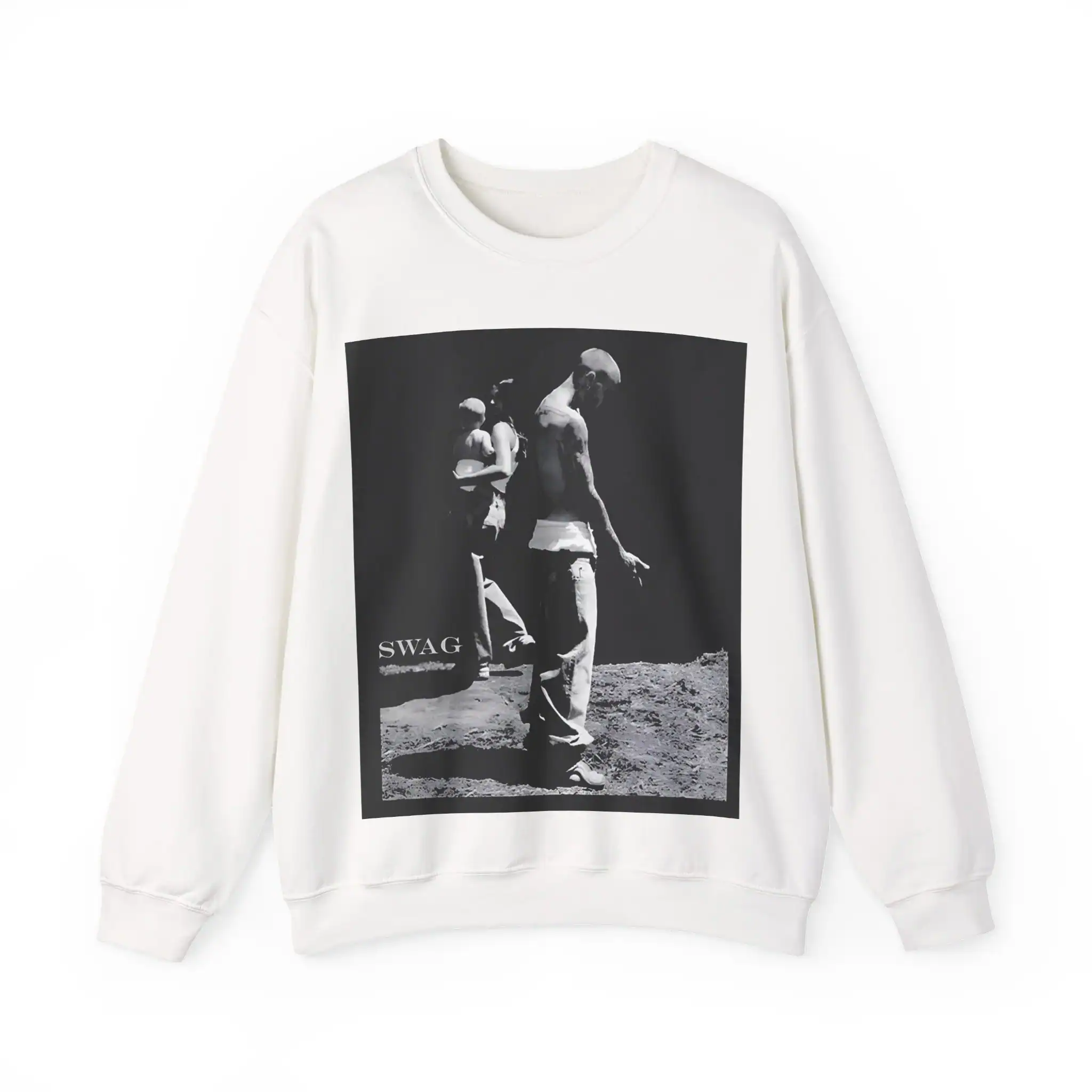 Black and white Justin Bieber swag-inspired graphic sweatshirt featuring urban streetwear style. Perfect for fans who love trendy, bold fashion statements. Made from comfy material for everyday wear.