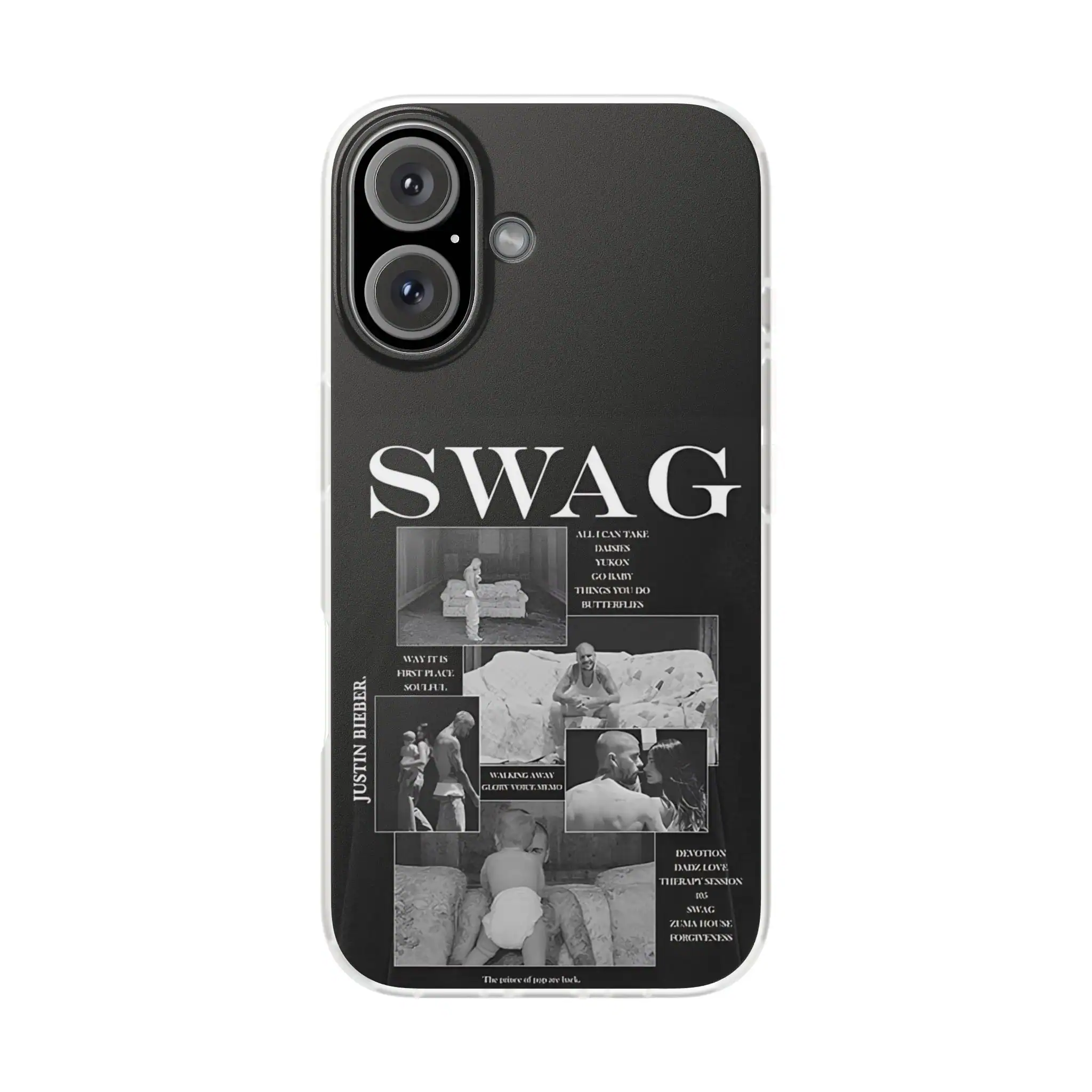 Swag merch phone case featuring Justin Bieber inspired design with monochrome photos and bold text.