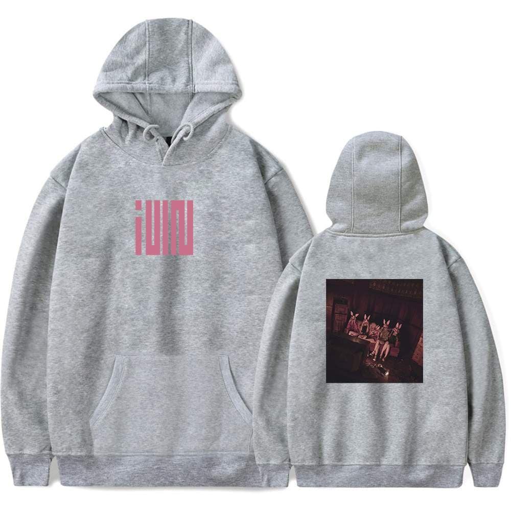 Bright grey hoodie featuring stylish pink "JID" logo on the front and a graphic of people with bunny masks on the back, embodying Justin Bieber swag merch style.