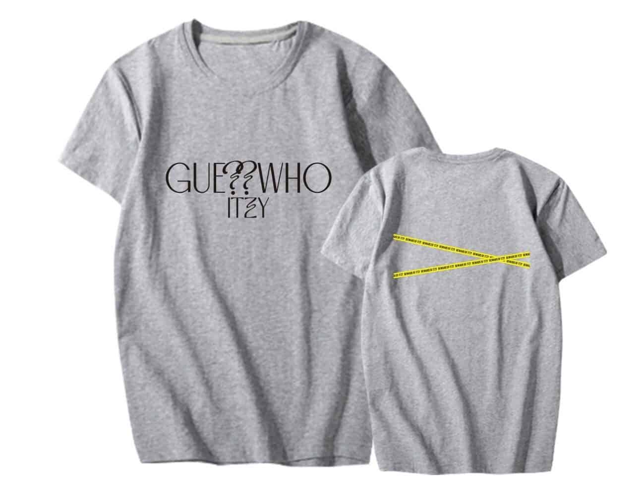 GUE??WHO ITZY printed graphic grey t-shirt, trendy Justin Bieber swag merch for teens and fans. Casual streetwear style with bold text and vibrant yellow accents. Perfect for making a statement.