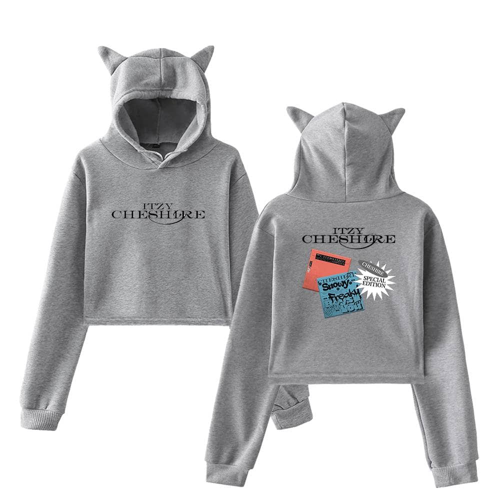 Itzy cheshire hoodie and sweatpants set with playful graphic patches, perfect for fans of trendy swag merch.