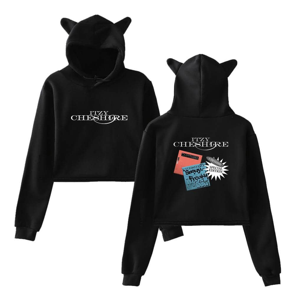 Black hoodie with "ITZY CHESHIRE" print and colorful graphics, featuring cat ears on the hood, perfect for fans of Justin Bieber swag merchandise.