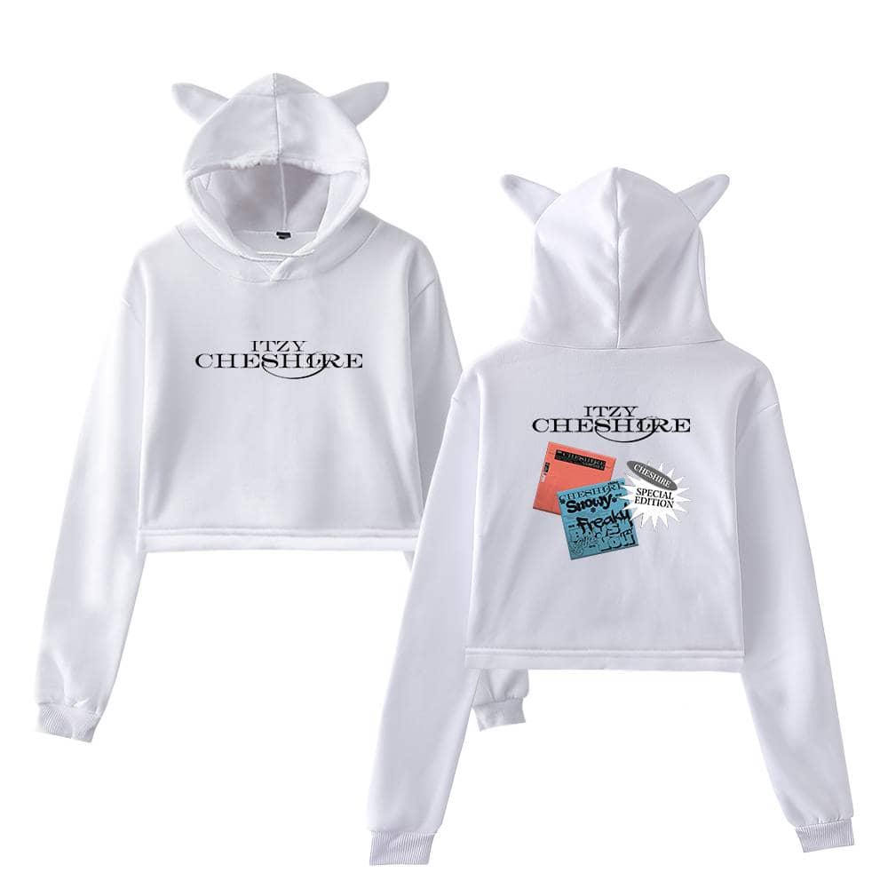 Itzy cheshire swag hoodie with cat ears, featuring a stylish and playful design, perfect for fans of the K-pop group and streetwear enthusiasts. high-quality material for comfort and fashion statement.