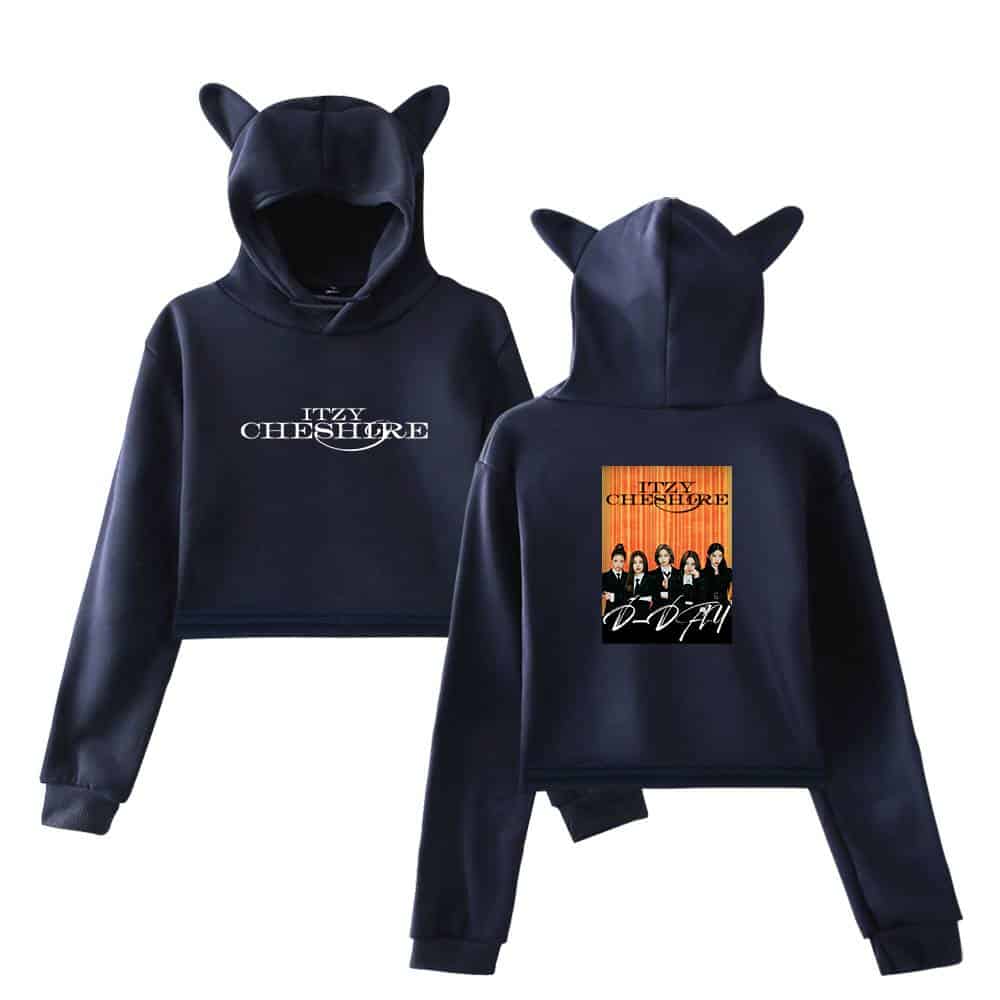 Cute black hooded sweatshirt set inspired by Itzy and Justin Bieber, featuring animal ear details and bold graphic prints. Perfect for fans of swag merch and Korean pop culture.