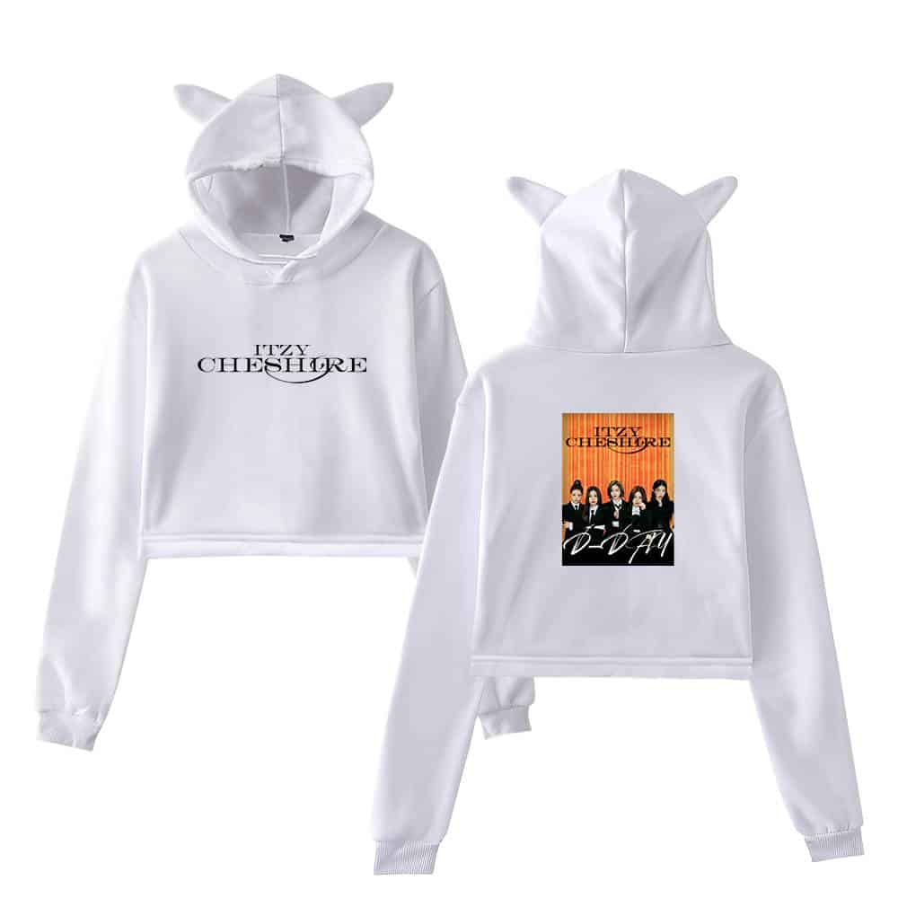 Itzy cheshire hoodie with cat ears and album graphic, trendy swag merch for fans of K-pop and celebrity-inspired fashion.