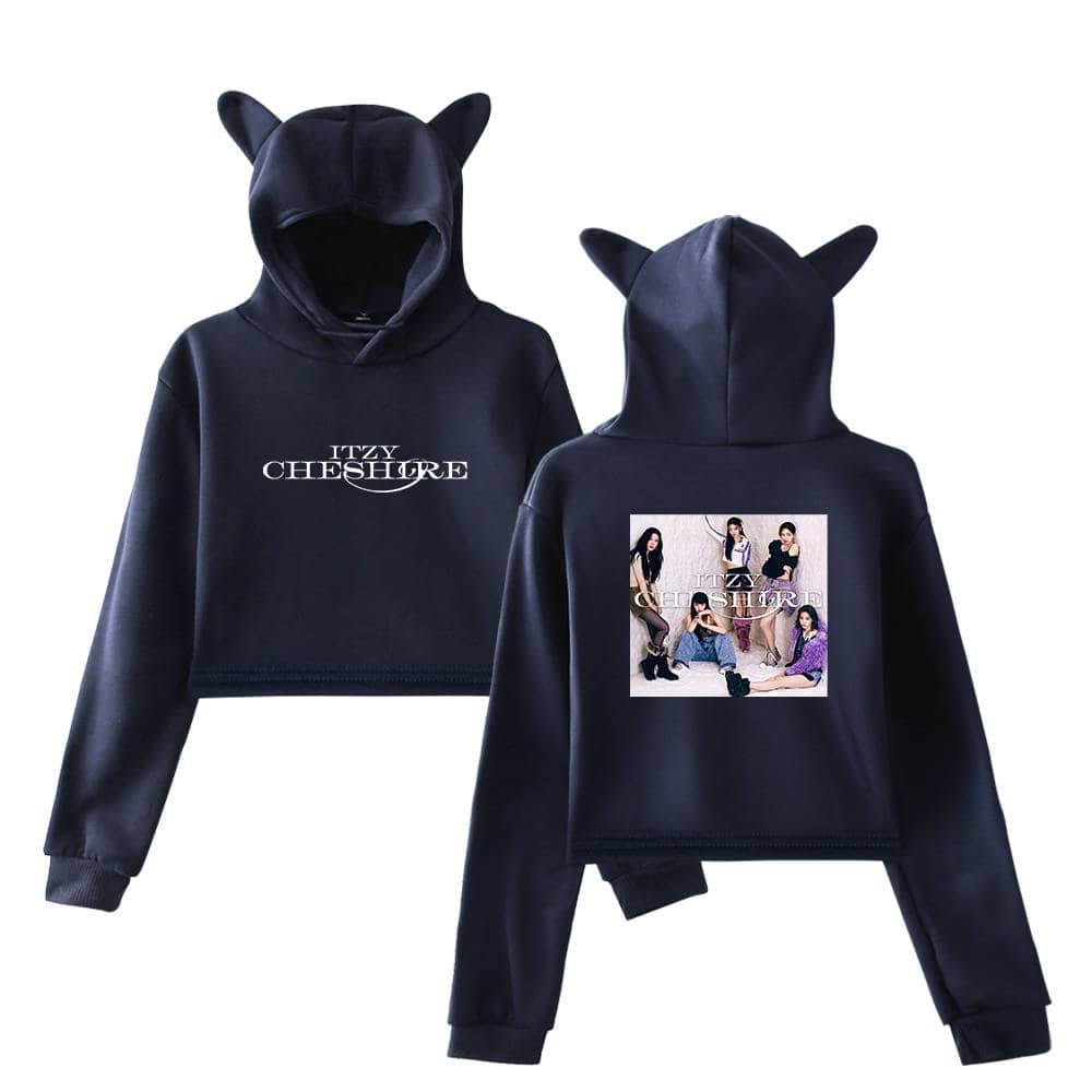 Itzy cheugre hoodie with cat ears, black sweatshirt with front logo and back graphic featuring the girl group, stylish and trendy swag merch for fans.