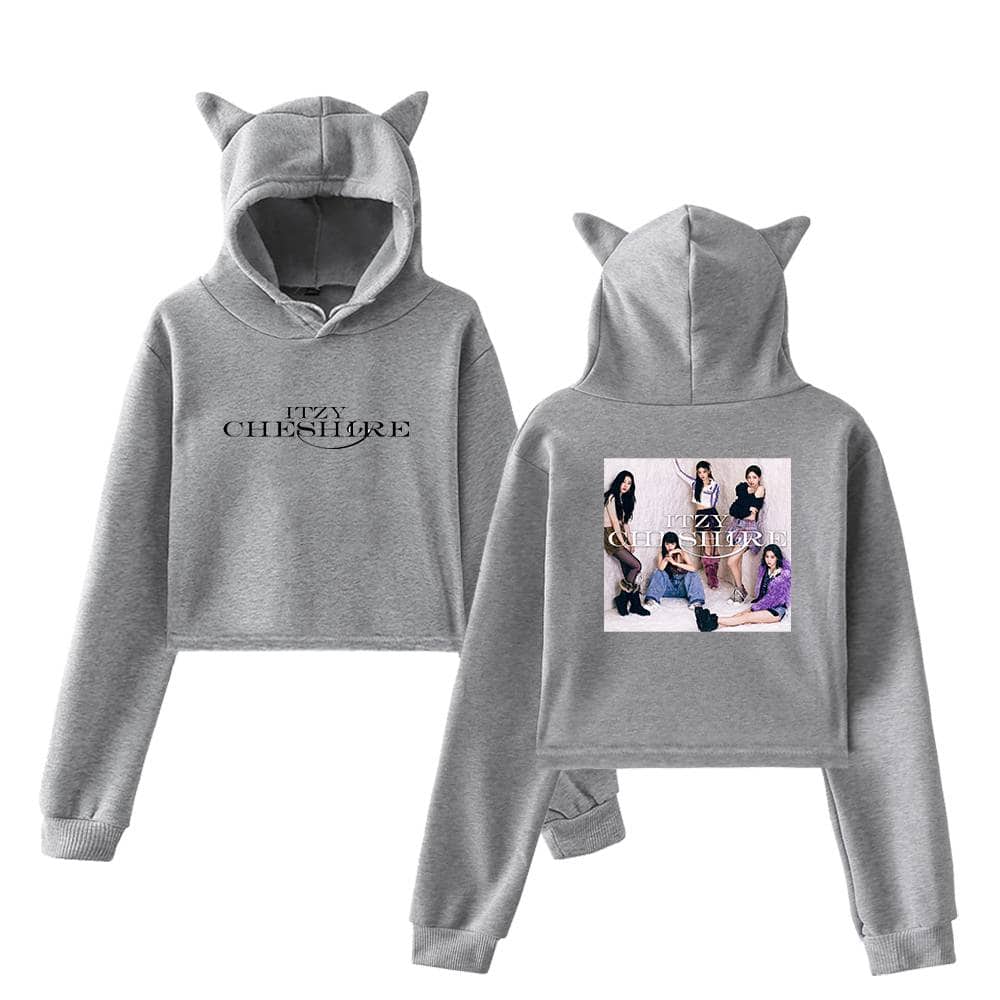Itzy cheshire hoodie set with cat ears, matching sweatshirt and sweatpants in grey featuring colorful group photo on back and stylish text design on front, trendy merch for fans of K-pop and pop culture.