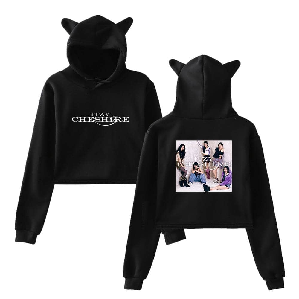ITZY CHESHIRE black hoodie with cartoon group photo on back and logo on front, stylish and trendy swag merch for fans.