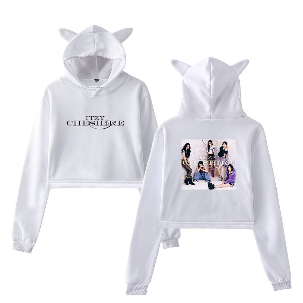 White hoodie featuring a chic "ITZY CHESTHIRE" logo with playful cat ear details on the hood, inspired by Justin Bieber swag merch trends.