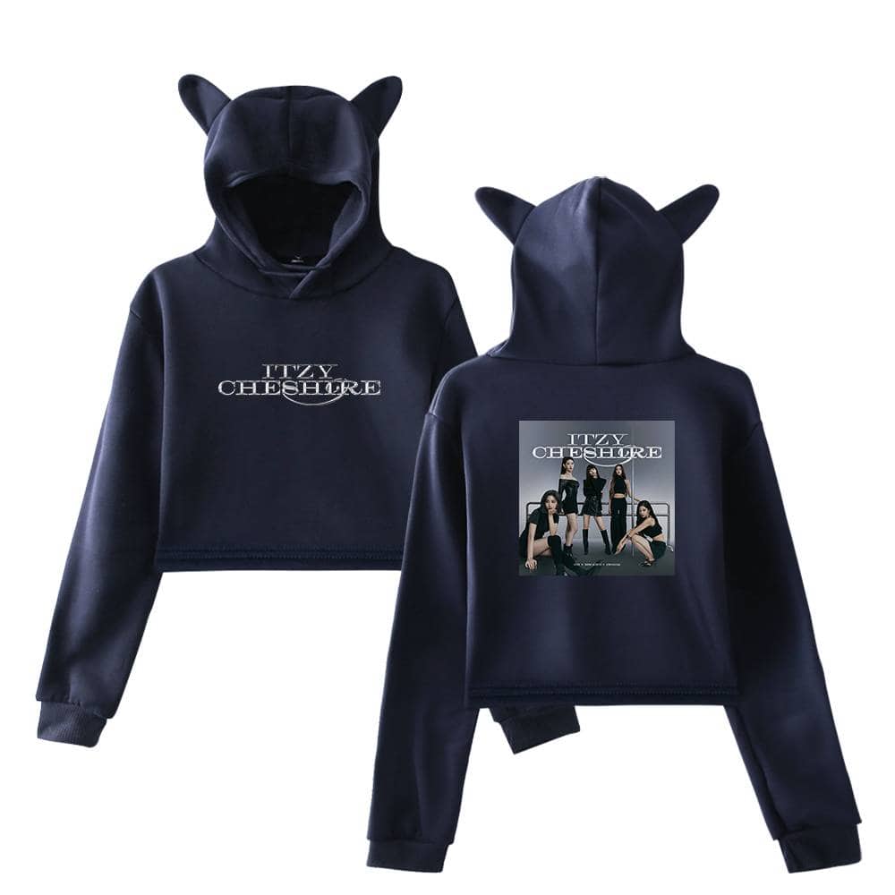 Itzy cheshire hoodie with bear ears and graphic print, perfect swag merch for fans of K-pop and Justin Bieber style.