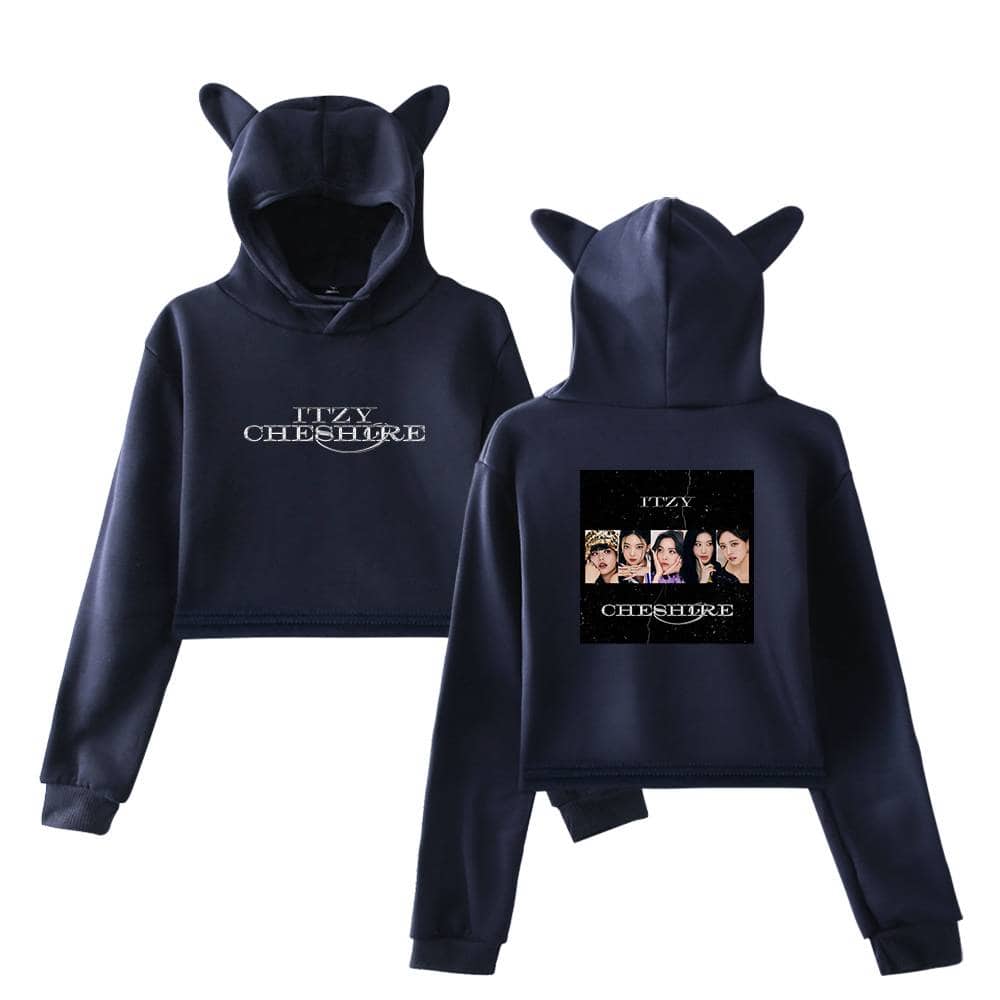 ITZY Cheshire hoodie set with cute animal ears on the hood, featuring graphic designs of the K-pop group members and stylish text. Perfect swag merch for fans.