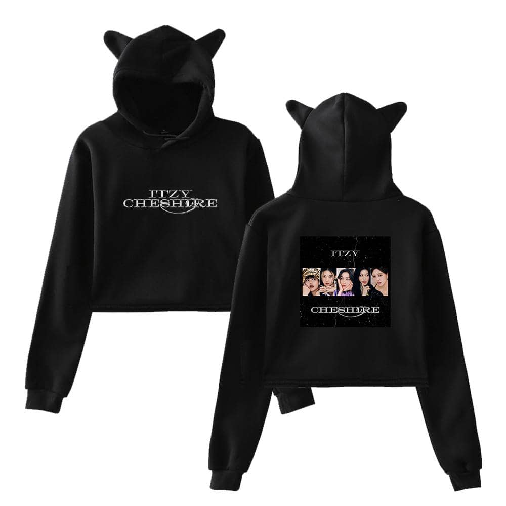 Itzy Cheshire swag hoodies with cute animal ears on the hood, featuring stylish graphics and photos of the K-pop girl group, perfect for fans of trendy merch and Justin Bieber-inspired fashion.