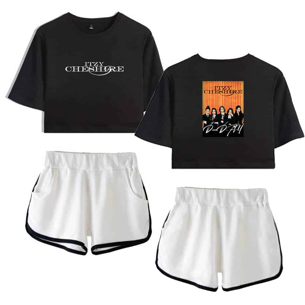 Black crop top featuring "ITZY CHESHIRE" text and a graphic of the group D-DAY.
