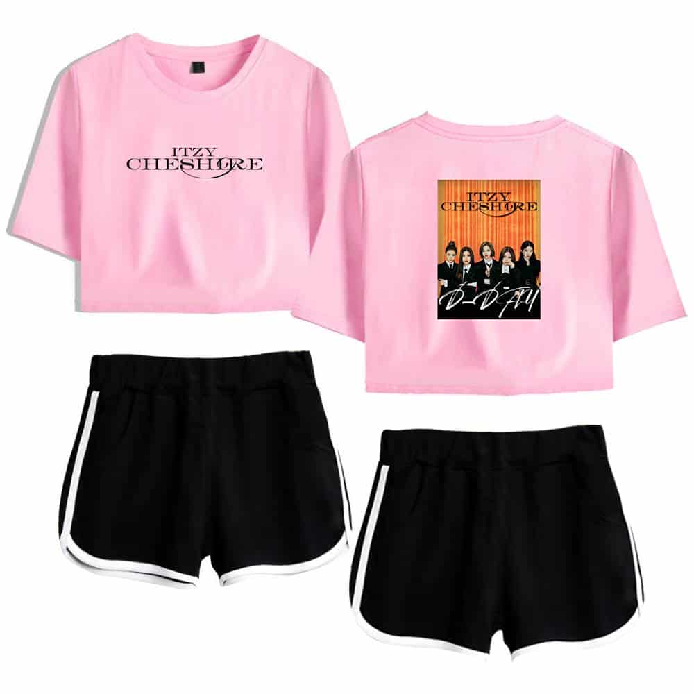Itzy cheshire swag merch, pink crop top and black shorts set with Itzy Cheshre graphic print, trendy K-pop style apparel, perfect for fans.