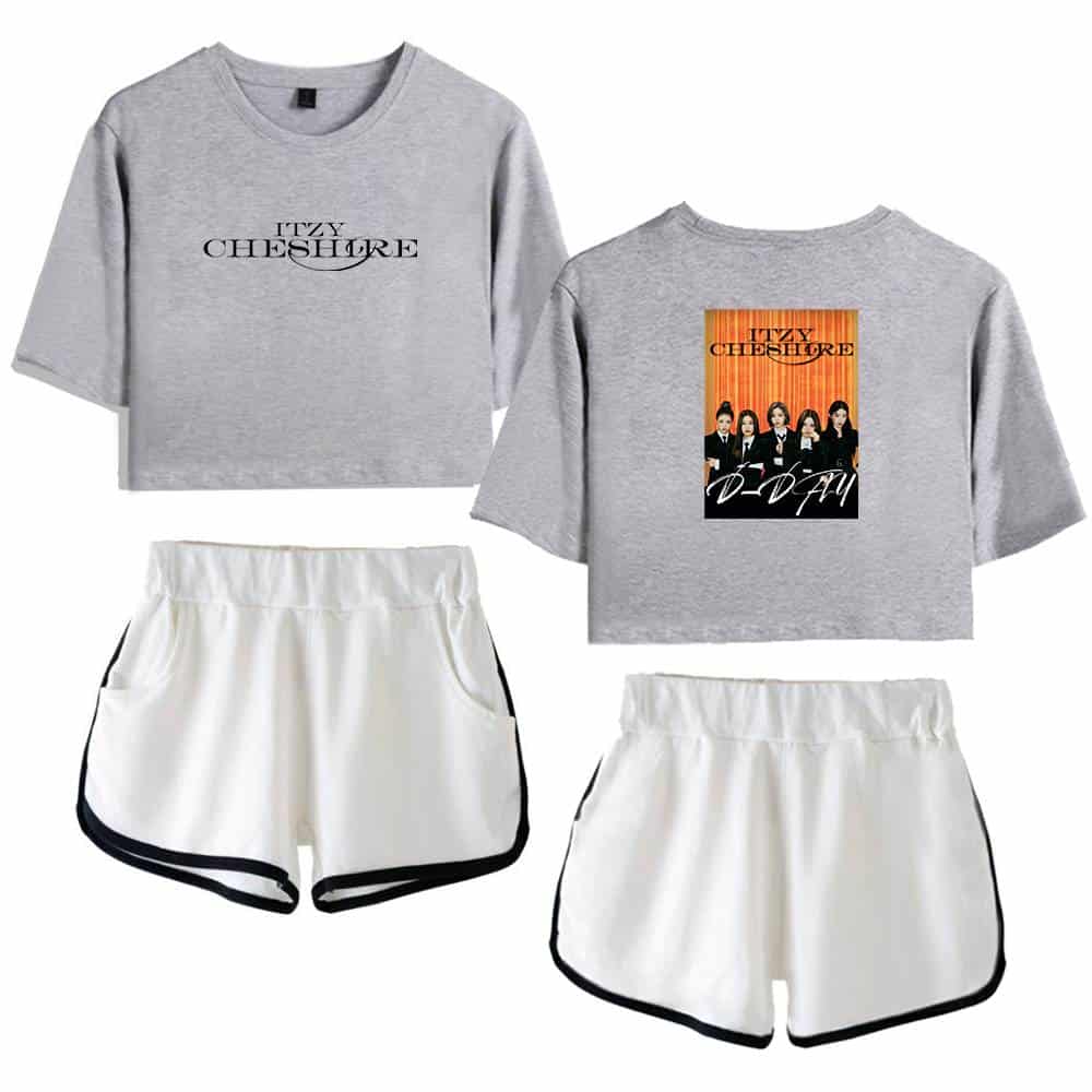 Itzy cheshire sweatshirt and shorts set, trendy casual women's loungewear outfit inspired by pop culture and K-pop aesthetics.