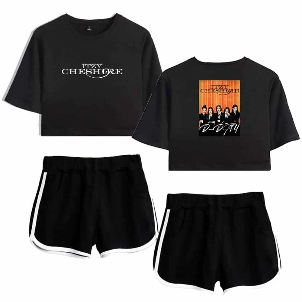 ITZY ITZY CHESHIRE swag merch crop top and shorts set featuring bold graphic designs inspired by K-pop fashion. Perfect for fans who want to showcase their love for the group with stylish, casual streetwear.